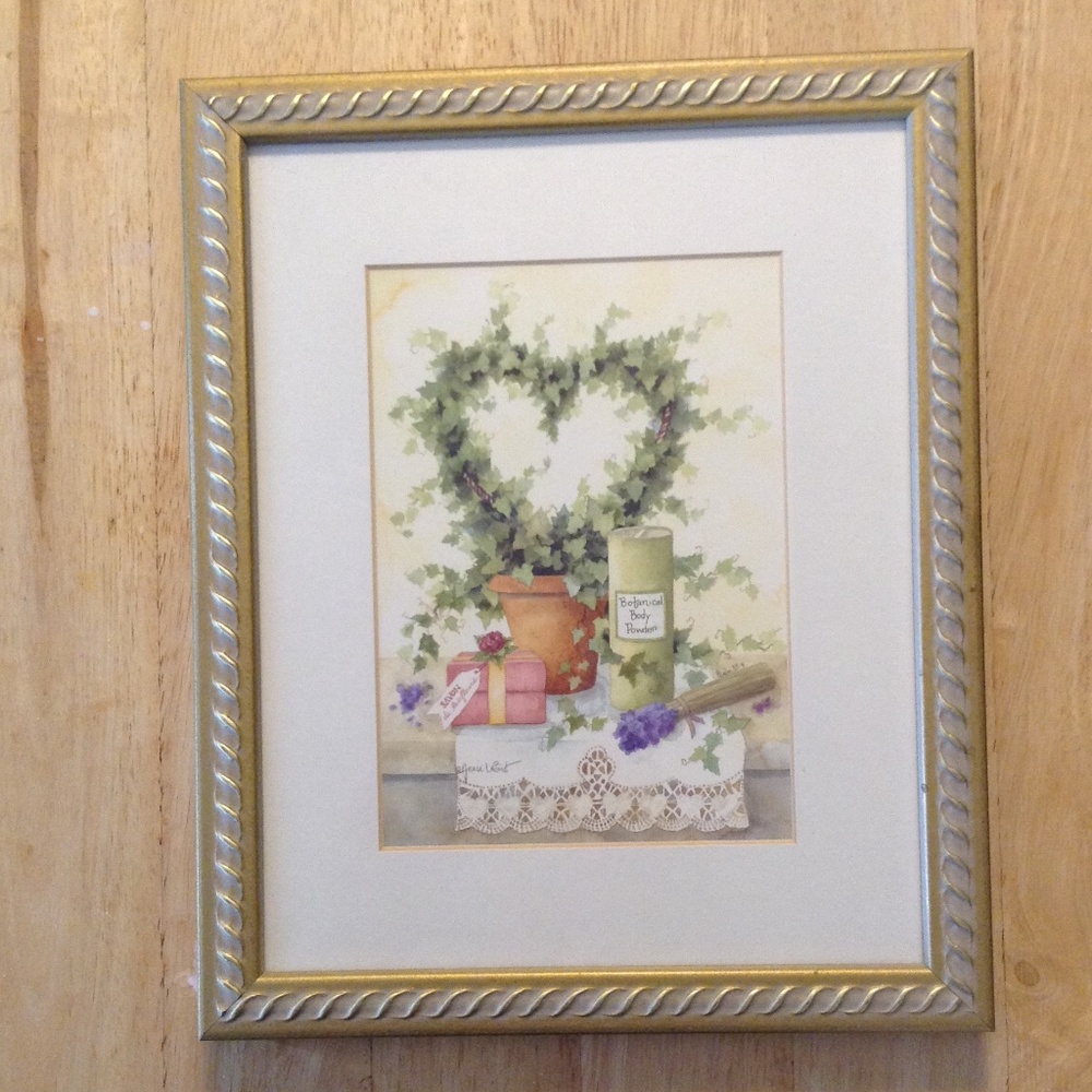 Vintage Gold Look Framed Picture of Heart Made Of Leaves on Lace Covered Shelf